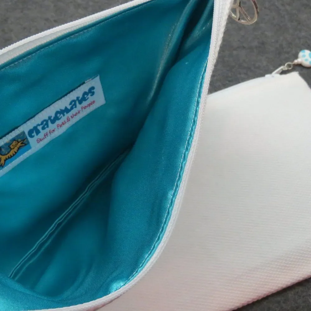 Set of 2 Teal Lace on White Linen Purse Organizer Makeup Bag Pencil Case NEW
